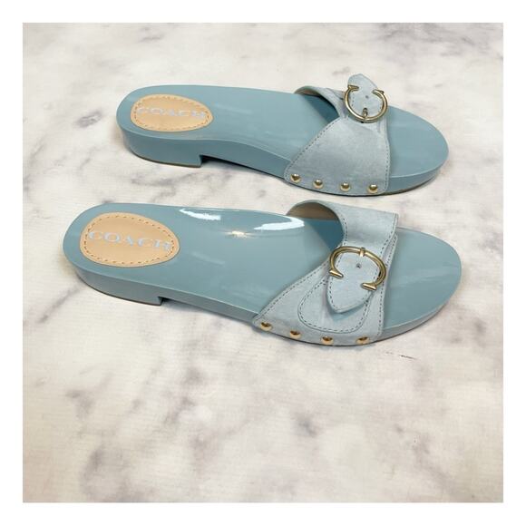COACH Bleeker C Buckle Waterfall Blue Suede Slide Sandals - Picture 3 of 10